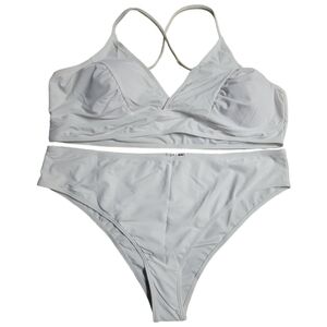 Aolro Women's White V-neck Crisscross Pull On Two Piece Bikini Set, Size XXXL